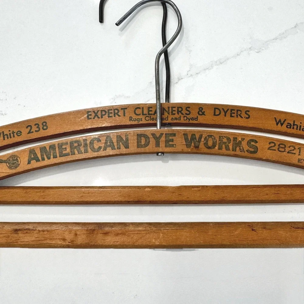 Vintage Advertising Wood dry cleaner Hangers: Everett WA & Wahiawa Oahu